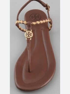 Tory Burch Brown Braided Leather gold Thong Sandals